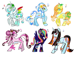 Size: 640x493 | Tagged: safe, artist:eyerealm, artist:junglicious64, oc, oc only, butterfly, earth pony, monarch butterfly, pegasus, pony, robot, robot pony, unicorn, adoptable, anklet, bracelet, brown eyes, closed mouth, coat markings, colored pupils, colored wings, earth pony oc, eyeshadow, female, flower, flower in hair, flower in tail, frutiger aero, frutiger aqua, frutiger metro, green eyes, group, hair accessory, headband, headphones, hime cut, horn, ipod, jewelry, lava lamp, leaves, leaves in hair, lidded eyes, long hair, looking at you, makeup, mare, microphone, multicolored wings, neckerchief, pegasus oc, pink eyes, raised hoof, sextet, simple background, smiling, spread wings, tail, unicorn oc, watch, webcore, white background, wings