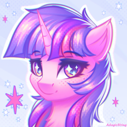 Size: 2000x2000 | Tagged: safe, artist:adagiostring, twilight sparkle, alicorn, pony, g4, bust, cute, female, freckles, happy, looking at you, mare, portrait, smiling, smiling at you, solo, sparkles, twilight sparkle (alicorn)