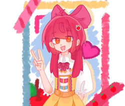 Size: 2942x2505 | Tagged: safe, artist:aurora24257, apple bloom, human, g4, abstract background, belt, clothes, dress, hairpin, heart, humanized, open mouth, peace sign, shirt, simple background, solo, transparent background