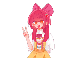 Size: 3464x2598 | Tagged: safe, artist:aurora24257, apple bloom, human, g4, belt, clothes, dress, hairpin, humanized, open mouth, peace sign, shirt, simple background, solo, transparent background