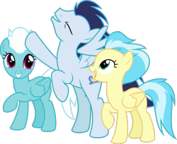 Size: 1046x856 | Tagged: safe, artist:sollace, derpibooru exclusive, fleetfoot, misty fly, soarin', pegasus, pony, g4, grannies gone wild, .svg available, bipedal, cute, eyes closed, female, happy, male, mare, open mouth, simple background, smiling, spread wings, stallion, svg, transparent background, trio, vector, wings