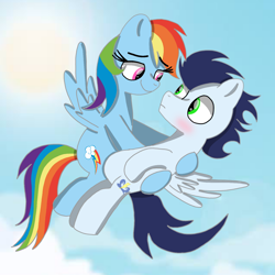 Size: 1400x1400 | Tagged: safe, artist:mrsdashskies, rainbow dash, soarin', pegasus, pony, g4, blushing, carrying, female, flying, looking at each other, looking at someone, male, mare, ship:soarindash, shipping, stallion, straight