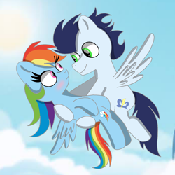 Size: 1400x1400 | Tagged: safe, artist:mrsdashskies, rainbow dash, soarin', pegasus, pony, g4, blushing, carrying, female, flying, looking at each other, looking at someone, male, mare, ship:soarindash, shipping, stallion, straight
