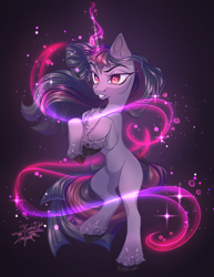 Size: 2855x3700 | Tagged: safe, artist:jsunlight, pony, unicorn, belly, bipedal, black hooves, cloven hooves, female, glitter, gradient background, mare, rearing, solo, sparkly, standing, standing on one leg, unshorn fetlocks