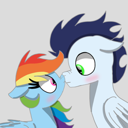 Size: 1400x1400 | Tagged: safe, artist:mrsdashskies, rainbow dash, soarin', pegasus, pony, g4, blushing, boop, duo, female, gray background, looking at each other, looking at someone, male, mare, noseboop, ship:soarindash, shipping, simple background, stallion, straight