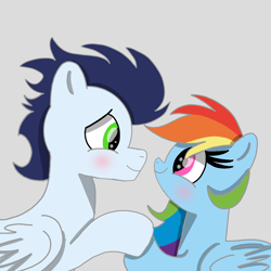 Size: 1400x1400 | Tagged: safe, artist:mrsdashskies, rainbow dash, soarin', pegasus, pony, g4, blushing, female, gray background, holding hooves, looking at each other, looking at someone, male, mare, ship:soarindash, shipping, simple background, smiling, smiling at each other, stallion, straight