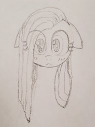 Size: 1384x1845 | Tagged: safe, artist:legendoflink, pinkie pie, earth pony, pony, g4, blush lines, blushing, bust, doodle, eye clipping through hair, female, floppy ears, hair over one eye, looking at you, mare, paper background, pinkamena diane pie, portrait, sketch, solo, straight mane, traditional art