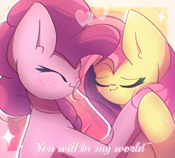 Size: 2600x2350 | Tagged: safe, artist:miryelis, fluttershy, pinkie pie, earth pony, pegasus, pony, g4, big ears, cute, eyes closed, female, heart, lesbian, mare, ship:flutterpie, shipping, smiling, text