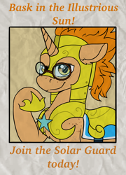 Size: 1168x1624 | Tagged: safe, artist:bluemoon, oc, oc only, oc:golden autumn, pony, unicorn, armor, freckles, glasses, male, royal guard, royal guard armor, solo