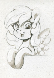 Size: 691x1000 | Tagged: safe, artist:maytee, derpy hooves, pegasus, pony, g4, bust, derp, monochrome, portrait, smiling, solo, traditional art