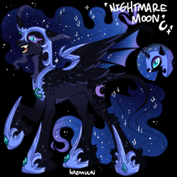 Size: 1000x1000 | Tagged: safe, artist:kazmuun, edit, nightmare moon, alicorn, pony, g4, alternate design, armor, black background, butt fluff, chest fluff, claws, colored eartips, colored eyelashes, colored wings, concave belly, countershading, curved horn, ear tufts, ears back, ethereal mane, ethereal tail, fangs, female, fetlock tuft, freckles, gradient horn, gradient legs, gradient mane, gradient tail, gradient wings, helmet, hoof shoes, horn, horn guard (armor), hybrid wings, leg fluff, leonine tail, long mane, long tail, looking at you, mare, multicolored wings, open mouth, open smile, pale belly, partially open wings, peytral, princess shoes, purple eyelashes, raised hoof, redesign, simple background, slender, slit pupils, smiling, solo, sparkly legs, sparkly mane, sparkly tail, spread wings, starry mane, starry tail, tail, tail fluff, thin, unicorn beard, wing armor, wing claws, wings