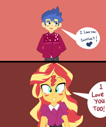 Size: 2100x2510 | Tagged: safe, artist:qsky, flash sentry, sunset shimmer, equestria girls, g4, blushing, female, male, ship:flashimmer, shipping, straight, text