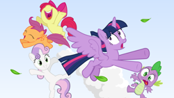 Size: 1920x1080 | Tagged: artist needed, source needed, safe, apple bloom, scootaloo, spike, sweetie belle, twilight sparkle, alicorn, dragon, earth pony, pegasus, pony, unicorn, g4, cloud, cutie mark crusaders, female, filly, foal, gradient background, leaves, male, smoke trail, sonic generations, sonic x shadow generations, twilight sparkle (alicorn)