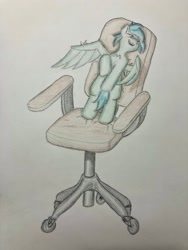 Size: 1536x2048 | Tagged: safe, artist:initials_eve, oc, oc only, oc:light touch, pegasus, chair, colored pencil drawing, having fun, office chair, property damage, requested art, sharp teeth, small pony, smiling, solo, standing on a chair, teeth, traditional art