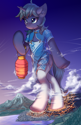 Size: 1800x2800 | Tagged: safe, artist:ravistdash, oc, oc:arclight, pony, unicorn, semi-anthro, bipedal, cheek fluff, cheongsam, city, clothes, commission, crush fetish, destruction, dress, fetish, lantern, macro, socks, underhoof, your character here