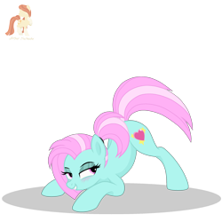 Size: 2034x2034 | Tagged: safe, artist:r4hucksake, oc, oc only, oc:kickstart, earth pony, pony, g4, blushing, eyeshadow, face down ass up, female, grin, iwtcird, jack-o challenge, makeup, mare, meme, simple background, smiling, solo, transparent background