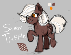 Size: 1074x833 | Tagged: safe, artist:zodiacx10, oc, oc only, oc:savoy truffle, earth pony, pony, :3, color palette, ear fluff, female, grayscale, mare, monochrome, orange eyes, raised hoof, sketchy, solo