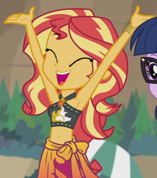 Size: 930x1054 | Tagged: safe, anonymous artist, anonymous editor, edit, edited screencap, screencap, sunset shimmer, human, equestria girls, equestria girls series, g4, x marks the spot, armpits, arms in the air, bare shoulders, belly button, bikini, clothes, cropped, cute, female, geode of empathy, happy, magical geodes, sarong, shimmerbetes, sleeveless, swimsuit