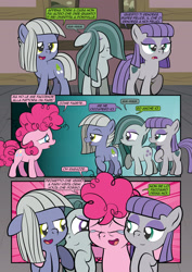 Size: 1920x2715 | Tagged: safe, artist:alexdti, limestone pie, marble pie, maud pie, pinkie pie, earth pony, pony, comic:how we met (italian), g4, comic, crying, dialogue, female, filly, filly limestone pie, filly marble pie, filly maud pie, filly pinkie pie, foal, group hug, high res, hug, italian, smiling, tears of joy, when she smiles, younger