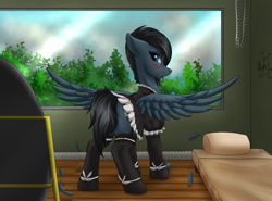 Size: 1505x1112 | Tagged: safe, artist:crimsonwolf360, oc, oc only, oc:noble six, pegasus, pony, bed, bedroom, blushing, butt, clothes, feather, feathered wings, maid, mirror, plot, solo, spread wings, window, wings