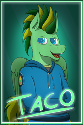 Size: 4000x6000 | Tagged: safe, artist:tacomytaco, oc, oc only, oc:taco.m.tacoson, pegasus, pony, badge, bipedal, clothes, con badge, gradient background, hoodie, looking at you, male, shorts, smiling, text