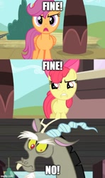 Size: 500x843 | Tagged: safe, edit, edited screencap, screencap, apple bloom, discord, scootaloo, draconequus, g4, angry, argument, caption, episode needed, image macro, imgflip, text
