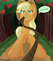 Size: 2200x2500 | Tagged: safe, artist:bubblegooey, applejack, earth pony, pony, g4, apple, apple tree, blonde, blonde hair, blonde mane, bronybait, cowboy hat, cute, dirt, ear fluff, female, food, forest, forest background, freckles, glowing, glowing eyes, grass, green eyes, hat, high res, jackabetes, lasso, looking at you, looking down, looking down at you, mare, mouth hold, nature, offscreen character, orange coat, path, perspective, pov, rope, signature, smiling, smiling at you, smug, smugjack, solo, speech bubble, talking to viewer, text, tree, viewer on leash