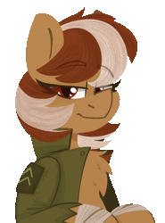 Size: 738x1000 | Tagged: safe, artist:modularpon, oc, oc only, oc:roulette, earth pony, fallout equestria, animated, blinking, chest fluff, clothes, commission, ear flick, female, gif, jacket, mare, simple background, smug, talking, talking to viewer, transparent background