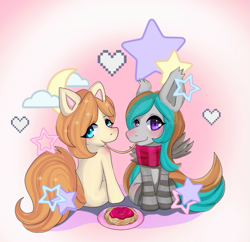 Size: 699x676 | Tagged: safe, artist:eeviejeebies, oc, oc only, oc:copper moon, oc:silver star, bat pony, earth pony, pony, clothes, duo, food, gradient background, pasta, scarf, socks, spaghetti, thigh highs