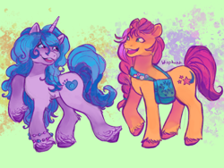 Size: 540x405 | Tagged: safe, artist:wisphunt, izzy moonbow, sunny starscout, earth pony, pony, unicorn, g5, bag, bracelet, colored hooves, duo, duo female, female, green background, headcanon, jewelry, lesbian pride flag, looking at each other, looking at someone, mare, open mouth, pins, pride, pride flag, raised hoof, sexuality headcanon, simple background, smiling, smiling at each other, unshorn fetlocks