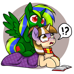 Size: 2700x2700 | Tagged: safe, artist:horsesrnaked, oc, oc only, oc:butterbeer, oc:sion the rapadant, alicorn, pony, unicorn, blanket, book, brown eyes, brown mane, clothes, concerned, confused, cute, equestria girls logo, gift art, glasses, hair in mouth, happy, inside joke, nom, open book, open mouth, red eyes, scarf, simple background, sitting, sitting on person, sitting on pony, smiling, speech bubble, striped scarf, sweat, sweatdrop