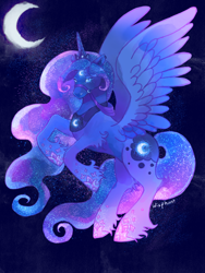 Size: 640x853 | Tagged: safe, artist:wisphunt, princess luna, alicorn, pony, g4, armor, crescent moon, crescent moon markings, ear piercing, earring, female, glowing cutie mark, gradient hooves, harness, jewelry, looking at you, mare, moon, no mouth, piercing, rearing, regalia, solo, sparkles, sparkly hooves, sparkly mane, sparkly tail, spread wings, tail, tiara, unshorn fetlocks, wings