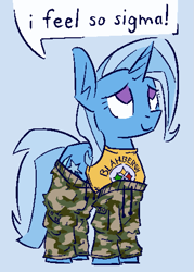 Size: 717x999 | Tagged: safe, artist:skookz, trixie, pony, unicorn, g4, blue background, camouflage, clothes, female, mare, pants, shirt, sigma, simple background, solo, speech bubble, t-shirt, text