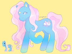 Size: 640x480 | Tagged: safe, artist:wisphunt, dream blue, pony, g3, coat markings, facial markings, female, gradient hooves, mare, raised hoof, simple background, smiling, solo, star (coat marking), wingding eyes, yellow background