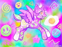 Size: 640x480 | Tagged: safe, artist:wisphunt, oc, oc only, alicorn, pony, alicorn oc, coat markings, colorful, eyestrain warning, horn, open mouth, short tail, smiling, solo, spread wings, swirly eyes, tail, wingding eyes, wings