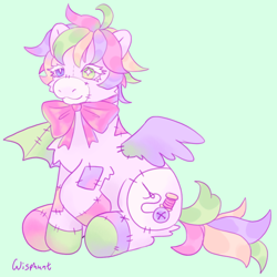 Size: 640x640 | Tagged: safe, artist:wisphunt, oc, oc only, oc:button, original species, plush pony, pony, bow, colored hooves, green background, heterochromia, mismatched wings, plushie, simple background, solo, stitches, wingding eyes, wings