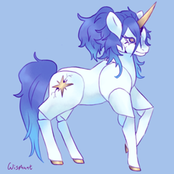 Size: 640x640 | Tagged: safe, artist:wisphunt, oc, oc only, oc:caspian, doll pony, object pony, original species, pony, toy pony, blue background, colored hooves, colored horn, cracks, doll, gradient mane, gradient tail, horn, light blue background, ponytail, raised hoof, simple background, solo, standing, tail, toy