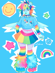 Size: 640x853 | Tagged: safe, artist:wisphunt, rainbow dash, human, equestria girls, g4, blue background, bracelet, choker, clothes, decora, fishnet stockings, humanized, jewelry, leg warmers, necklace, painted nails, rainbow socks, ring, shirt, simple background, skirt, smiling, socks, solo, sticker, striped socks, tongue out, winged humanization, wings