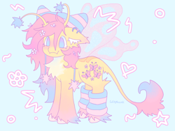 Size: 640x480 | Tagged: safe, artist:wisphunt, fluttershy, butterfly, butterfly pony, hybrid, pegasus, pony, g4, alternate design, antennae, blue background, blushing, chest fluff, clothes, colored hooves, ear fluff, ear piercing, earring, fangs, female, floppy ears, flower, flower in hair, gradient mane, gradient tail, hat, jewelry, leg warmers, leonine tail, mare, pale belly, piercing, simple background, smiling, solo, tail, unshorn fetlocks