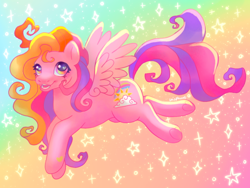 Size: 640x480 | Tagged: safe, artist:wisphunt, rainbow flash, pegasus, pony, g3, alternate design, female, flying, gradient background, hoof heart, looking up, mare, open mouth, rainbow background, smiling, solo, sparkles, stars, underhoof, wingding eyes