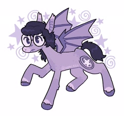 Size: 2524x2352 | Tagged: safe, artist:apples823, oc, oc only, bat pony, bat pony oc, colored hooves, fangs, frown, glasses, high res, simple background, solo, spread wings, stars, swirls, unshorn fetlocks, white background, wings