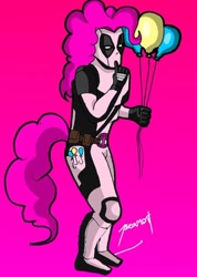 Size: 1080x1517 | Tagged: safe, artist:joshfushionartist, pinkie pie, human, g4, balloon, deadpool, female, gradient background, male, marvel, solo