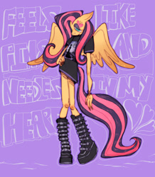 Size: 1785x2048 | Tagged: safe, alternate version, artist:veloriium, fluttershy, pegasus, anthro, g4, alternate hairstyle, boots, bracelet, clothes, emo, emoshy, eyeshadow, female, frown, hand on hip, jewelry, makeup, oversized clothes, oversized shirt, purple background, shirt, shoes, simple background, solo, spread wings, text, winged anthro, wings
