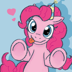 Size: 828x828 | Tagged: safe, artist:karmal130, pinkie pie, earth pony, pony, g4, female, hat, leaning on the fourth wall, party hat, solo, tongue out, underhoof