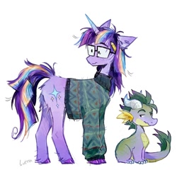 Size: 1198x1152 | Tagged: safe, artist:lutraviolet, spike, twilight sparkle, dragon, pony, unicorn, g4, alternate design, alternate hair color, butt fluff, clothes, cloven hooves, colored claws, colored hooves, duo, duo male and female, ears back, eyebrows, female, freckles, frown, glasses, gradient horn, horn, male, mare, messy mane, messy tail, pale belly, pencil, raised eyebrow, redesign, simple background, sitting, square glasses, standing, sweater, tail, turned head, unicorn twilight, white background