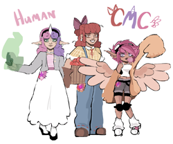 Size: 4763x3959 | Tagged: safe, artist:linatron, apple bloom, scootaloo, sweetie belle, human, pegasus, unicorn, g4, bow, cutie mark crusaders, horn, horned humanization, humanized, magic, simple background, telekinesis, white background, winged humanization, wings