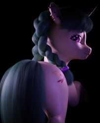 Size: 4320x5320 | Tagged: safe, artist:shey, oc, oc only, oc:drawing unique, pony, unicorn, g5, 3d, 3d model, black background, braid, braided pigtails, butt, ear piercing, earring, freckles, glowing, glowing eyes, hair, hair ribbon, jewelry, looking at you, looking back, looking back at you, piercing, pigtails, plot, ribbon, simple background, solo, tail, wip