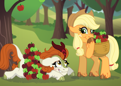 Size: 7714x5477 | Tagged: safe, artist:faitheverlasting, applejack, autumn blaze, earth pony, kirin, pony, g4, apple, apple tree, basket, cloven hooves, commission, cute, embarrassed, embarrassed grin, food, hat, implied shipping, snickering, tree