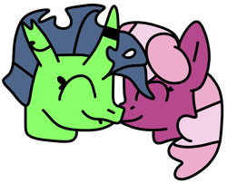 Size: 780x630 | Tagged: safe, artist:jadeharmony, cheerilee, oc, oc:chirp (changeling), changeling, earth pony, pony, g4, boop, canon x oc, changeling oc, duo, duo female, ear piercing, earring, eyes closed, female, horn, horn ring, jewelry, lesbian, lip piercing, mare, noseboop, piercing, ring, simple background, snake bites, transparent background