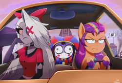 Size: 4080x2772 | Tagged: safe, alternate character, artist:the-butch-x, sunny starscout, angel, earth pony, humanoid, insect, moth, pony, g5, a goofy movie, angry, animate object, anxious, car, disguise, disguised angel, doll, driving, exorcist angel, eyepatch, fallen angel, female, goofy movie meme, hat, hazbin hotel, heavenborn, hellaverse, jester, jester hat, jester outfit, living doll, mane stripe sunny, mare, meme, missing eye, moth angel, pomni, ponified meme, sunny starscout is not amused, the amazing digital circus, toy, trio, trio female, unamused, vaggie
